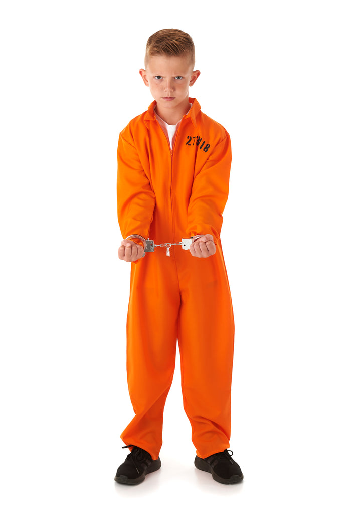 Boys Prisoner Orange Jumpsuit Fancy Dress Costume + Handcuffs