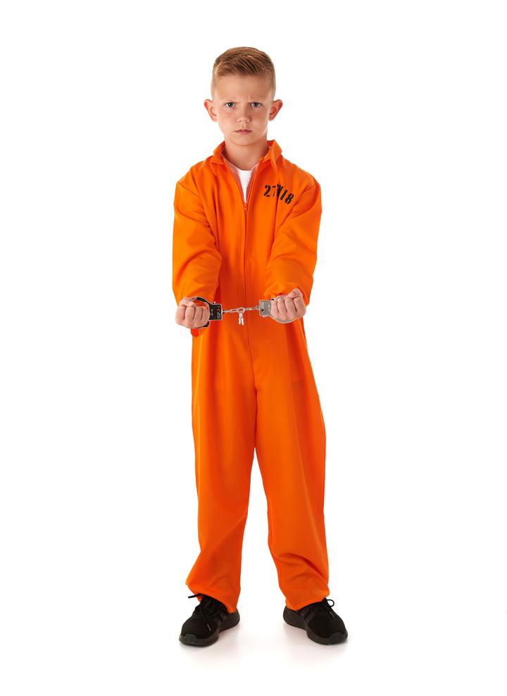 Boys Prisoner Orange Jumpsuit Fancy Dress Costume + Handcuffs