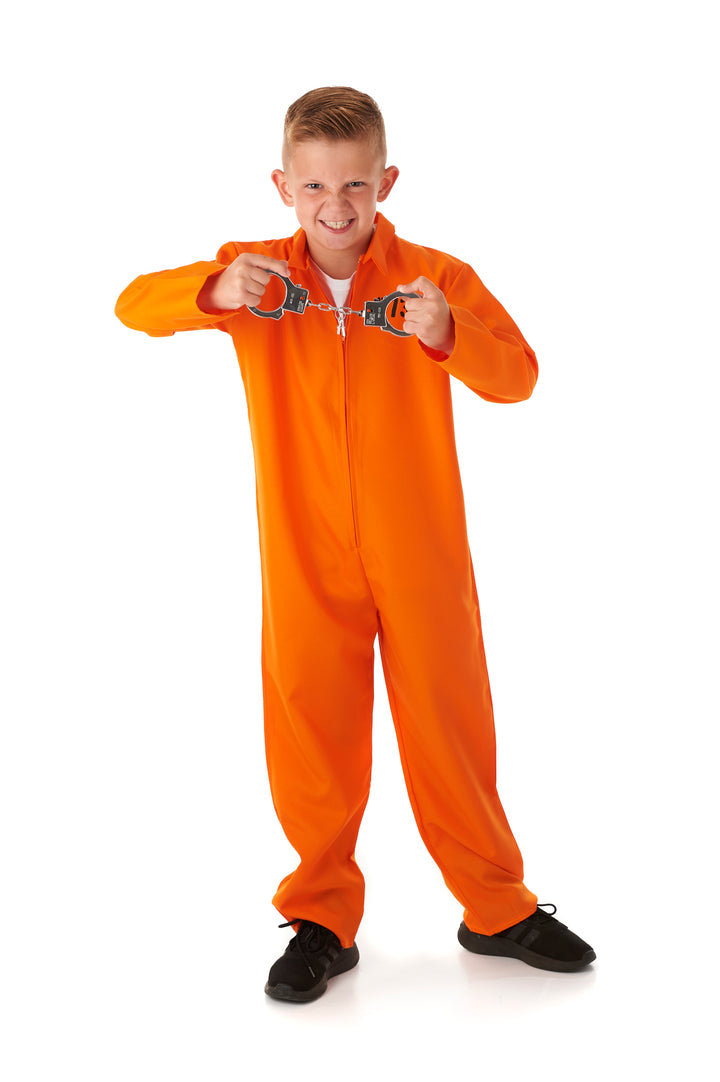 Boys Prisoner Orange Jumpsuit Fancy Dress Costume + Handcuffs