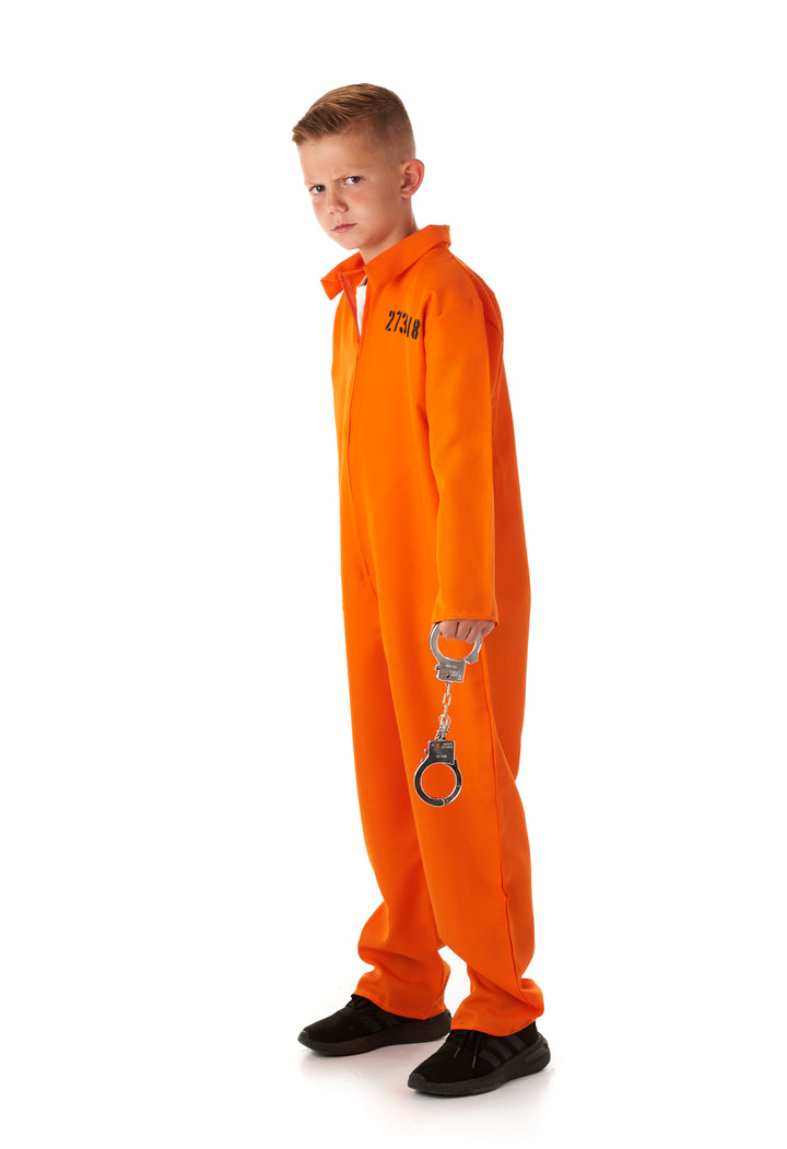 Boys Prisoner Orange Jumpsuit Fancy Dress Costume + Handcuffs