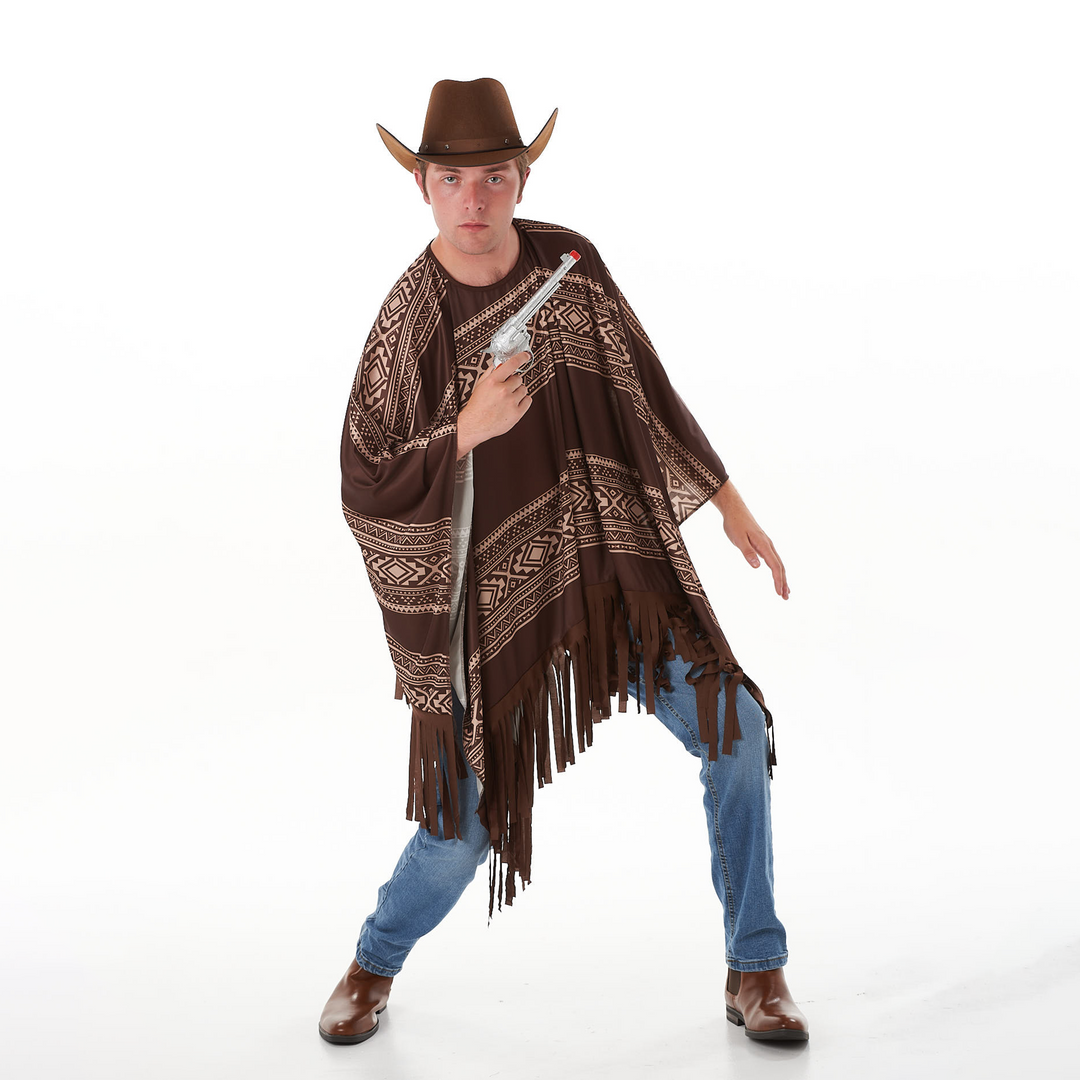 Mens Western Cowboy Poncho & Hat Fancy Dress Costume