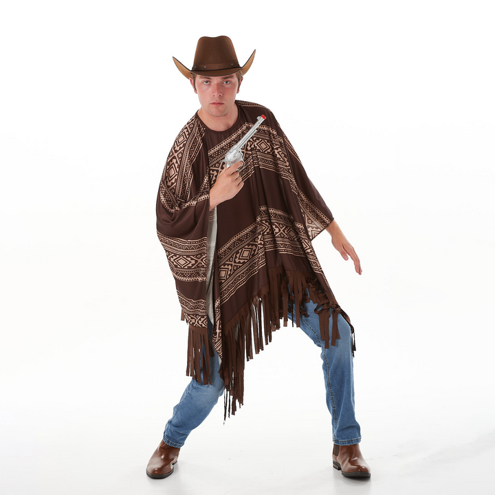 Mens Western Cowboy Poncho & Hat Fancy Dress Costume