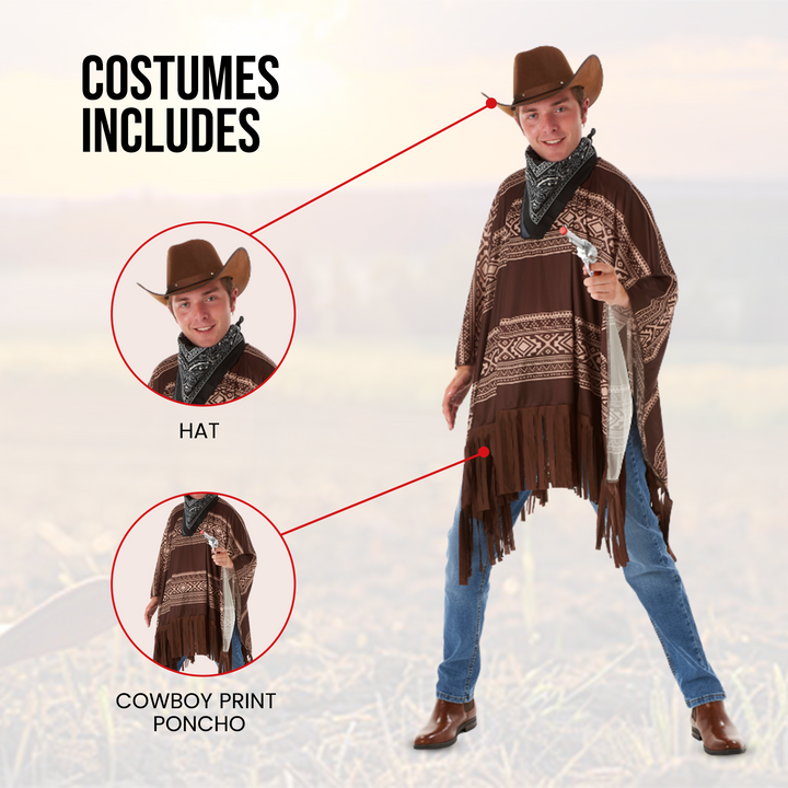 Mens Western Cowboy Poncho & Hat Fancy Dress Costume