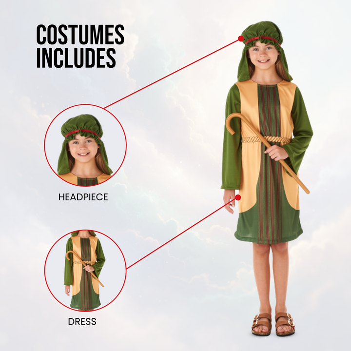Girls Green Shepherd Nativity Fancy Dress Costume