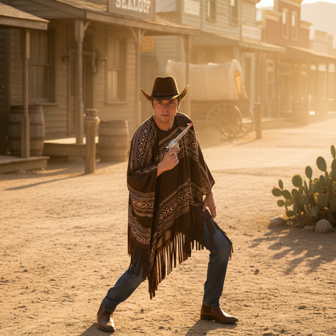 Mens Western Cowboy Poncho & Hat Fancy Dress Costume