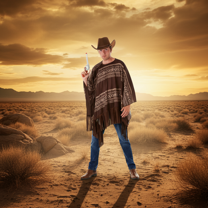 Mens Western Cowboy Poncho & Hat Fancy Dress Costume