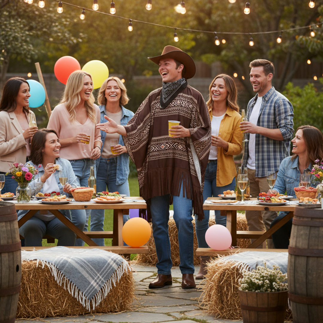 Mens Western Cowboy Poncho & Hat Fancy Dress Costume