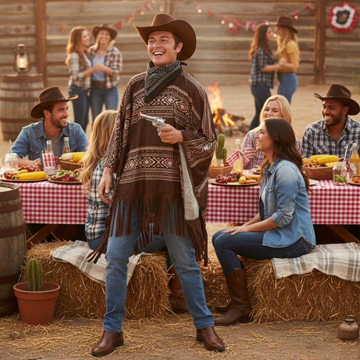Mens Western Cowboy Poncho & Hat Fancy Dress Costume