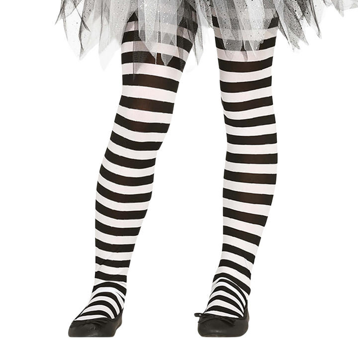 Girls Black and White Striped Tights Fancy Dress Costume Accessory