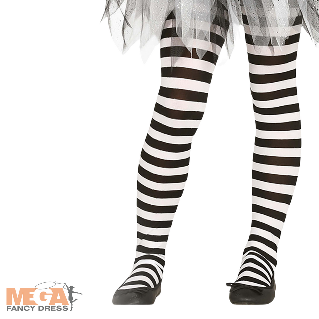 Girls Black and White Striped Tights Fancy Dress Costume Accessory