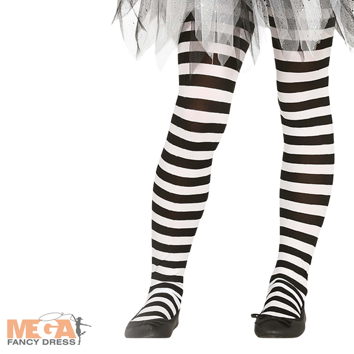 Girls Black and White Striped Tights Fancy Dress Costume Accessory
