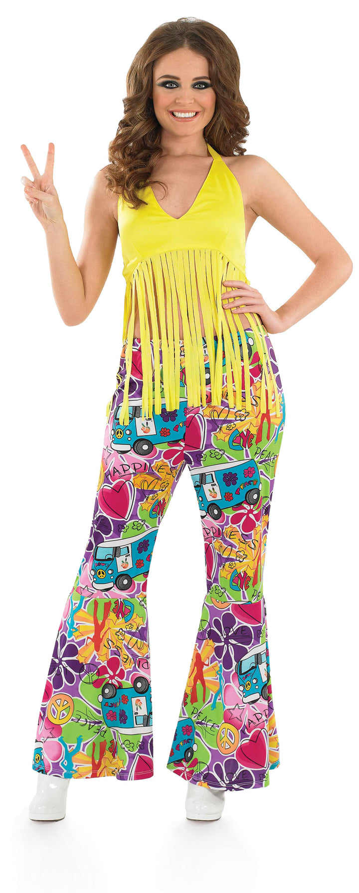 Ladies Yellow Fringed Hippie Top Fancy Dress 60s 70s Groovy Costume