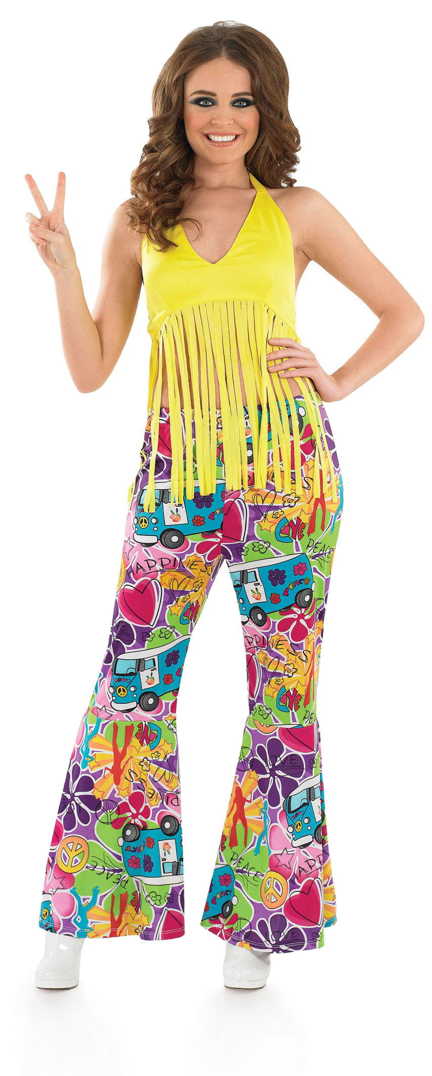 Ladies Yellow Fringed Hippie Top Fancy Dress 60s 70s Groovy Costume