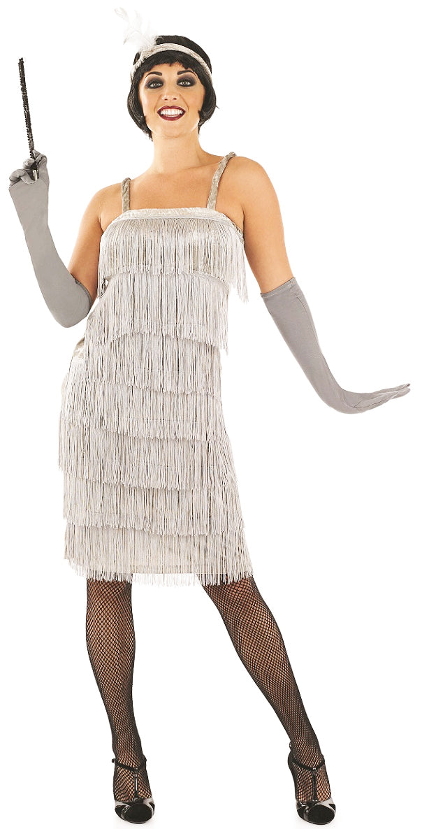 Ladies 1920s Silver Flapper Fancy Dress 20s Gatsby Costume
