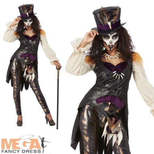 Ladies Voodoo Witch Doctor Halloween Fancy Dress Costume + Hat