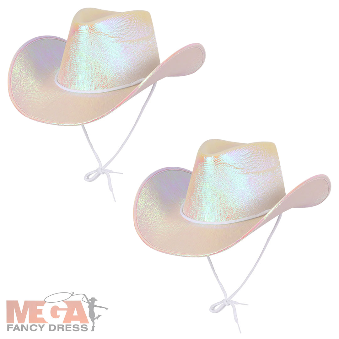 2 x White Iridescent Cowboy Hat