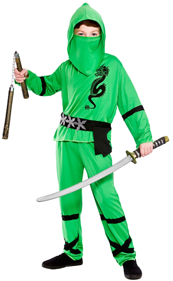Boys Japanese Samurai Warrior Green Ninja Fancy Dress Costume