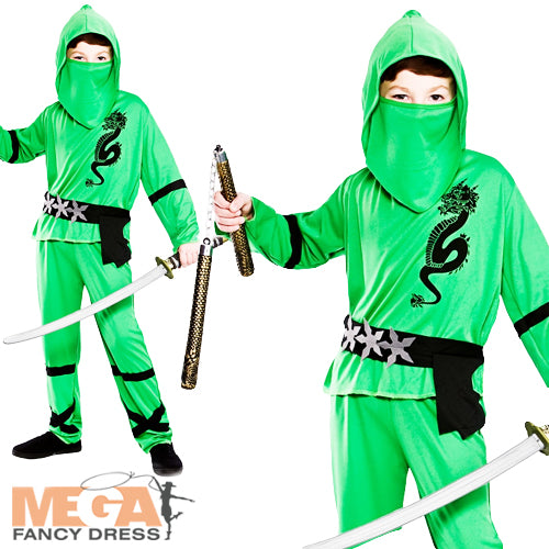 Boys Japanese Samurai Warrior Green Ninja Fancy Dress Costume