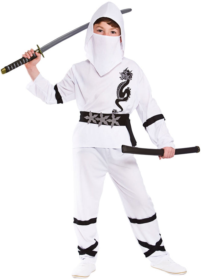 Boys Japanese Samurai Warrior White Ninja Fancy Dress Costume