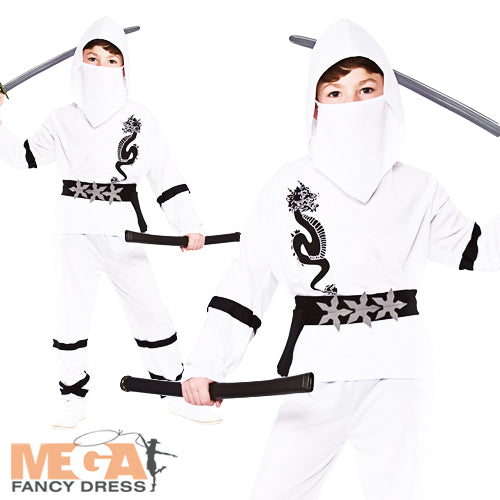 Boys Japanese Samurai Warrior White Ninja Fancy Dress Costume