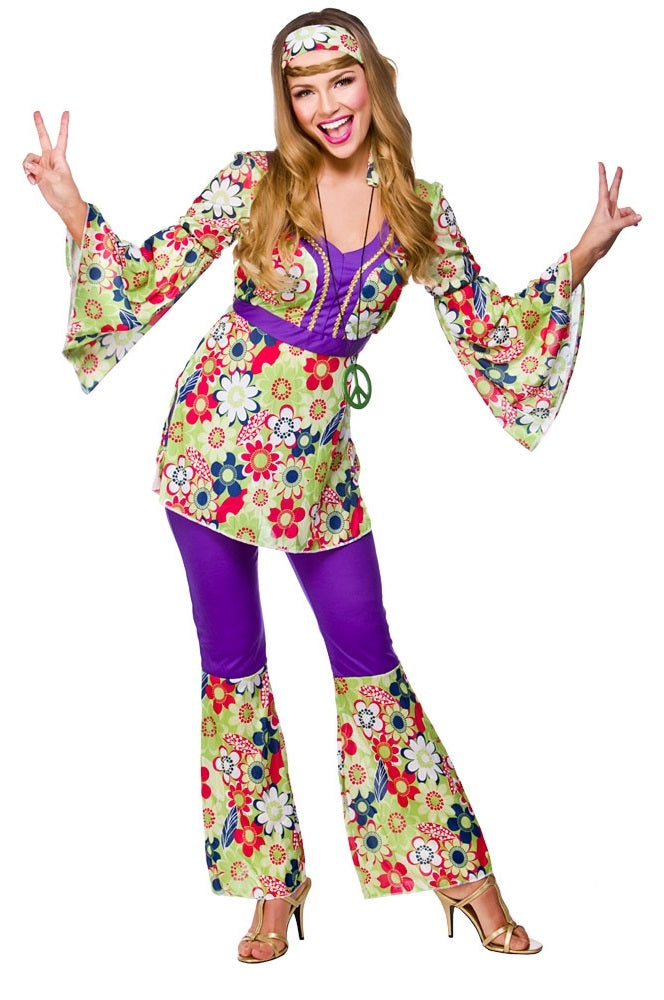 Ladies 1960s 1970s Hippie Chick + Medallion Hippy Fancy Dress Costume