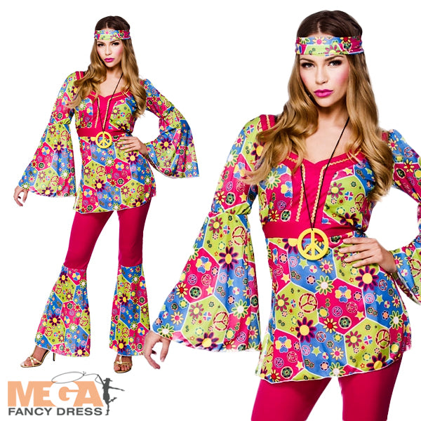 Ladies 1960s 70s Groovy Hippie Chick Hippy Fancy Dress Costume