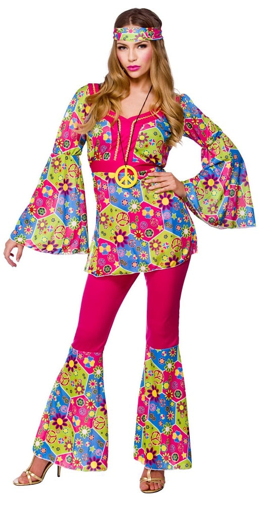 Ladies 1960s 70s Groovy Hippie Chick Hippy Fancy Dress Costume