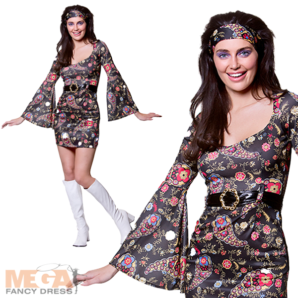 Ladies Retro Go Go Girl 60s Fancy Dress Groovy 70s Hippie Costume
