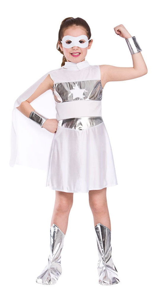 Girls White Superhero Comic Book Fancy Dress Costume