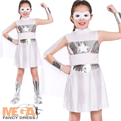Girls White Superhero Comic Book Fancy Dress Costume