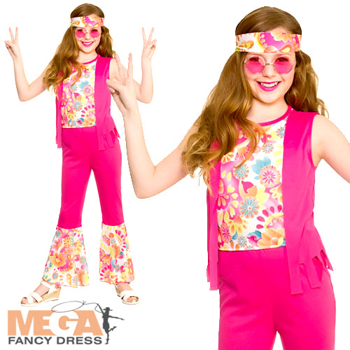 Girls 1960s 70s Retro Funky Peace Groovy Hippie Fancy Dress Costume