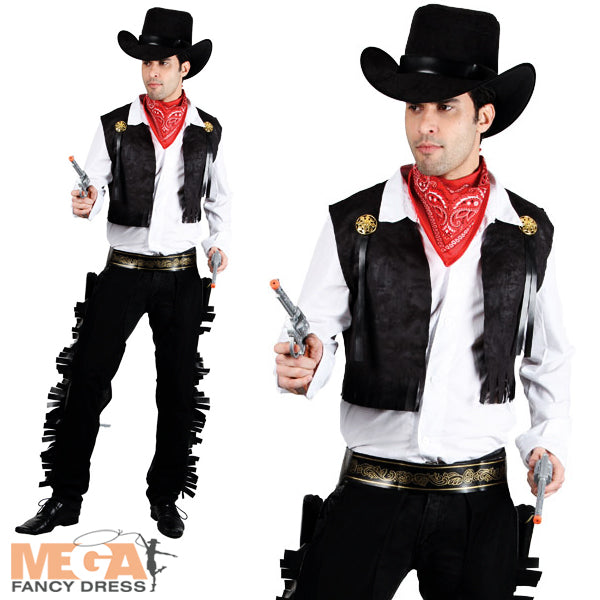Mens Wild West Cowboy + Hat Gunslinger Fancy Dress Costume