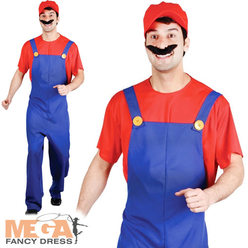 Mens 1980s Red Plumber Super Mario Game Fancy Dress Costume