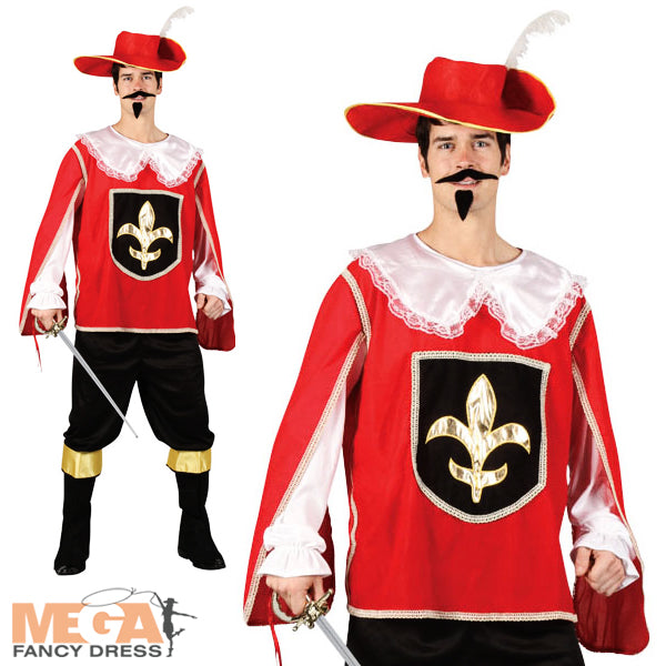Men's Medieval French Red Musketeer + Hat Fancy Dress Costume
