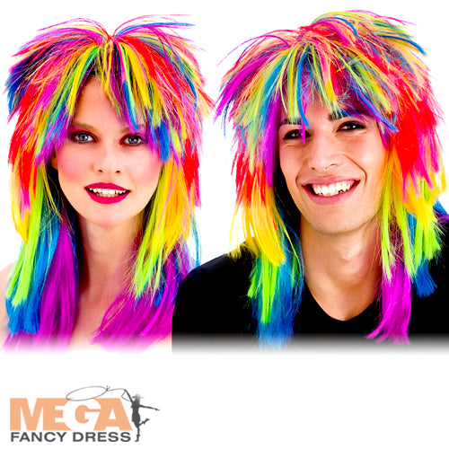Adults Rainbow 80's Rocker Wig Halloween Party Accessory