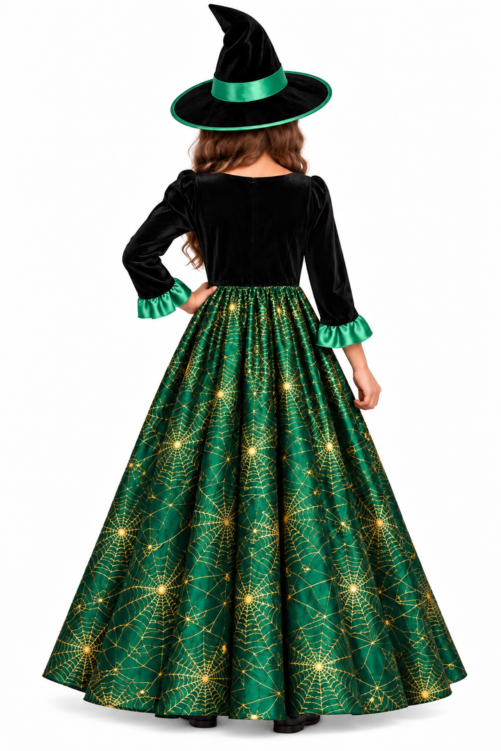 Girls Deluxe Green Witch Halloween Fancy Dress Costume