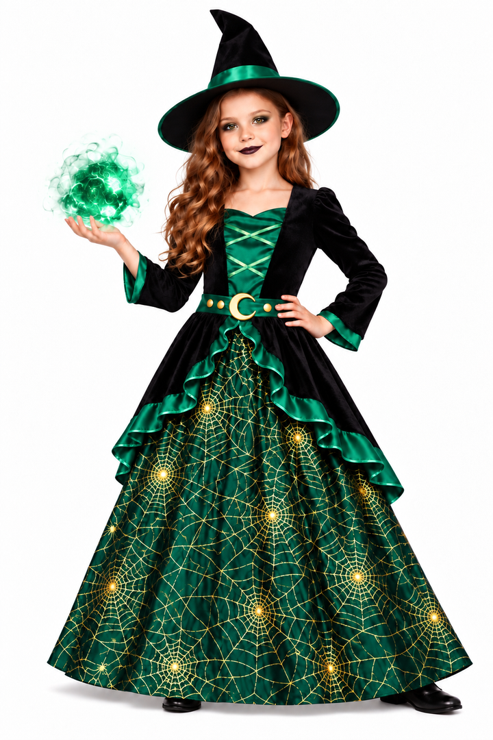 Girls Deluxe Green Witch Halloween Fancy Dress Costume