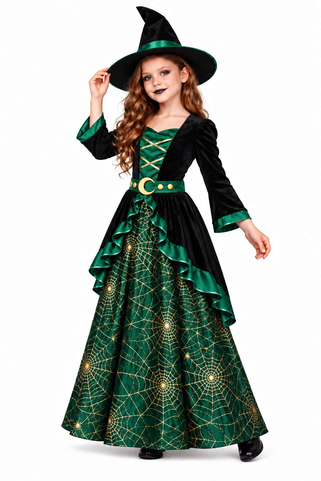Girls Deluxe Green Witch Halloween Fancy Dress Costume