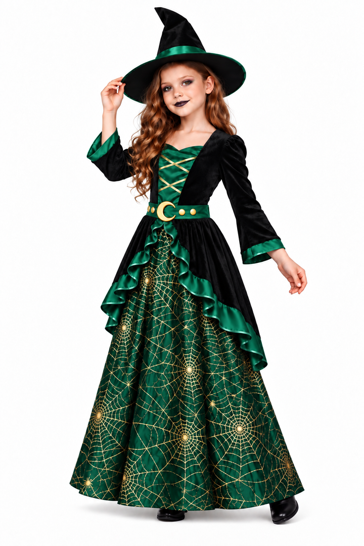 Girls Deluxe Green Witch Halloween Fancy Dress Costume