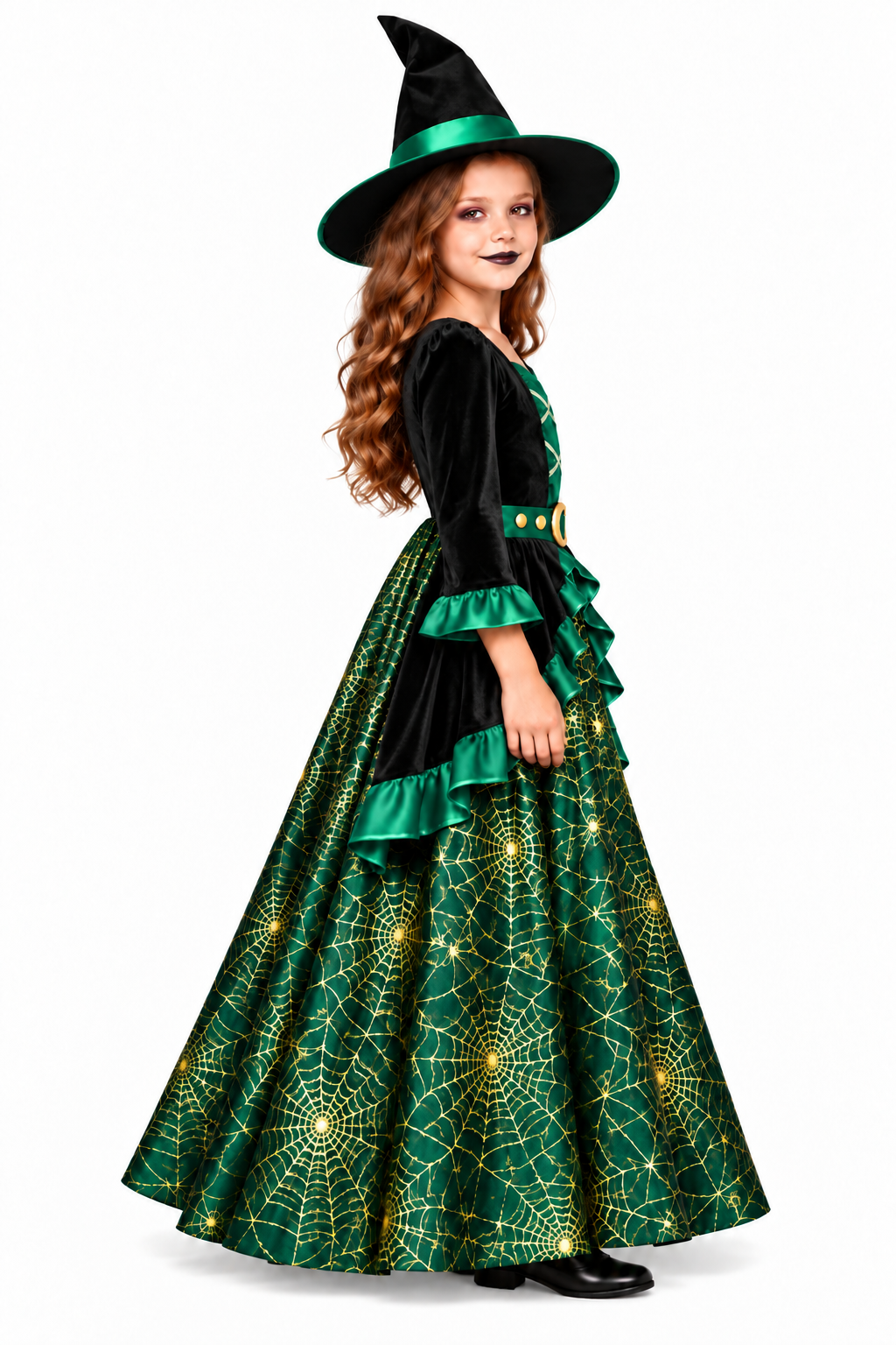 Girls Deluxe Green Witch Halloween Fancy Dress Costume