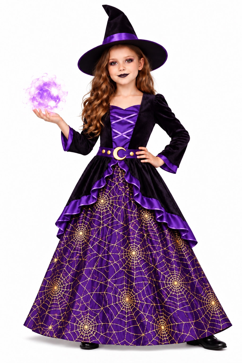 Girls Deluxe Purple Witch Halloween Fancy Dress Costume