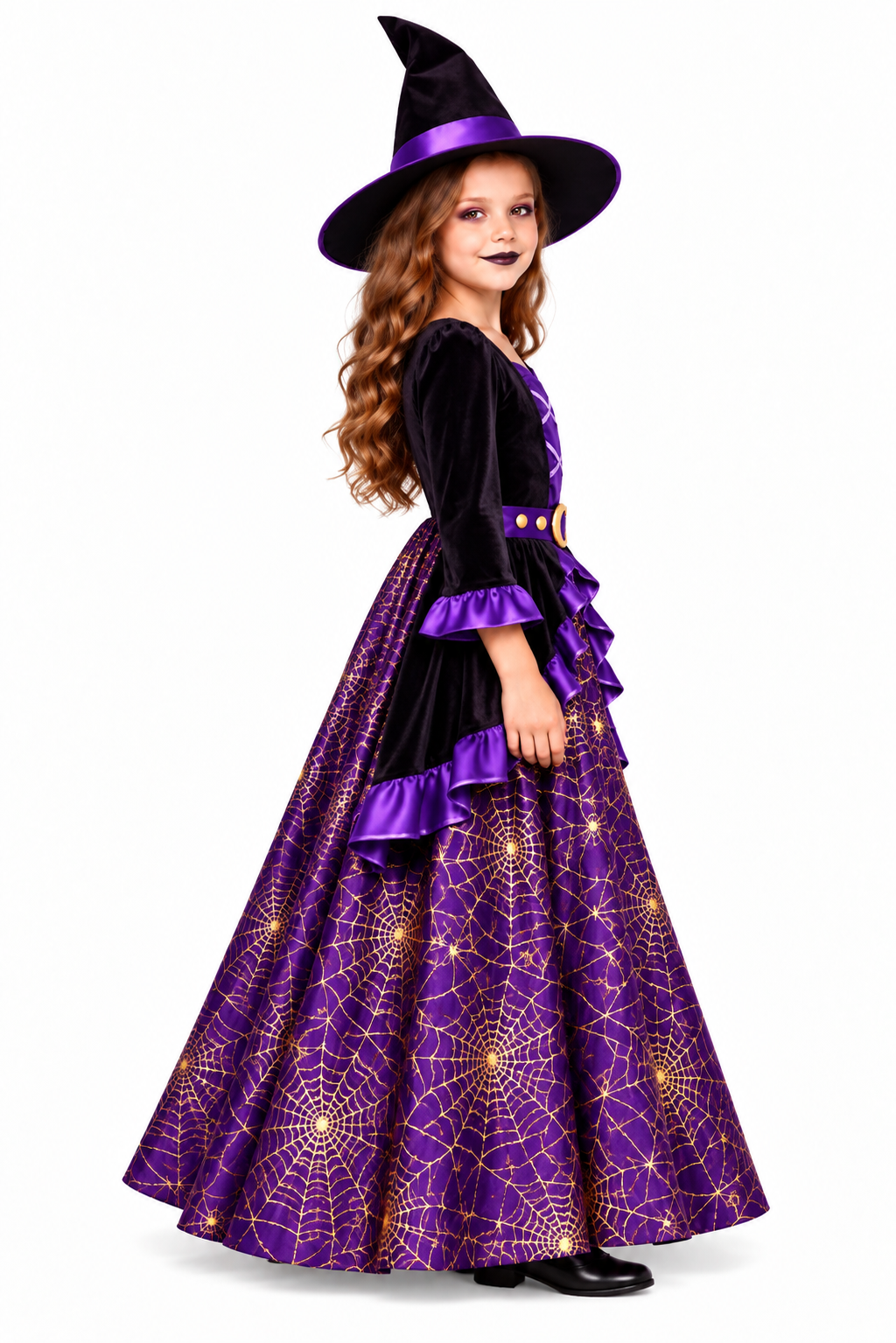 Girls Deluxe Purple Witch Halloween Fancy Dress Costume