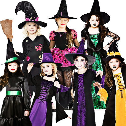 Girls Wicked Witches Spooky Halloween Witch Costume + Hat