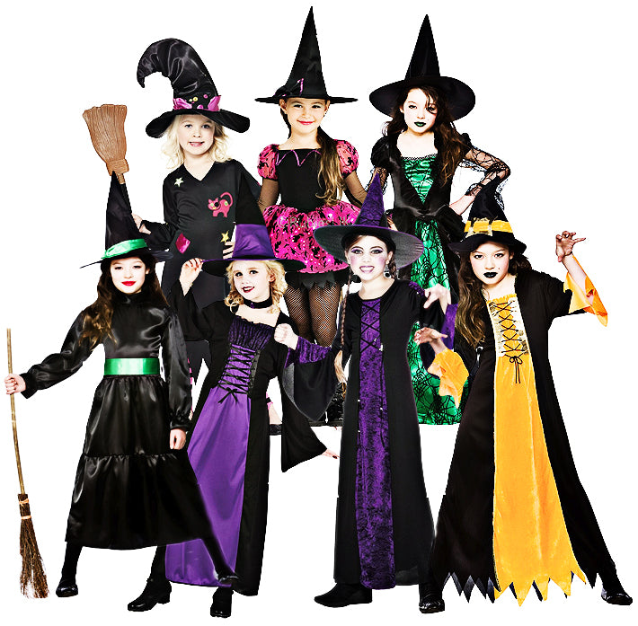 Girls Wicked Witches Spooky Halloween Witch Costume + Hat