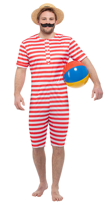 Mens Red & White 1920s Vintage Bathing Suit Costume