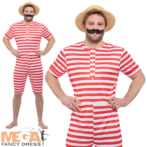 Mens Red & White 1920s Vintage Bathing Suit Costume