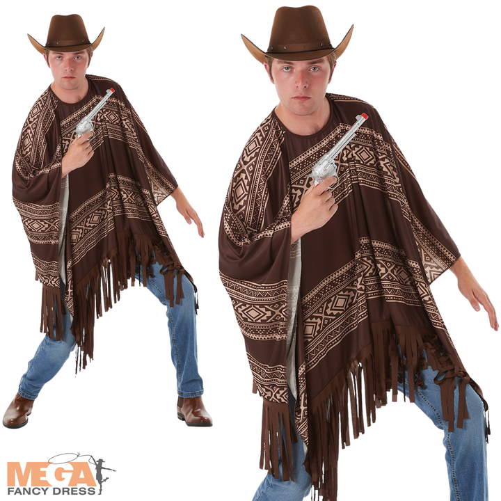 Mens Western Cowboy Poncho & Hat Fancy Dress Costume