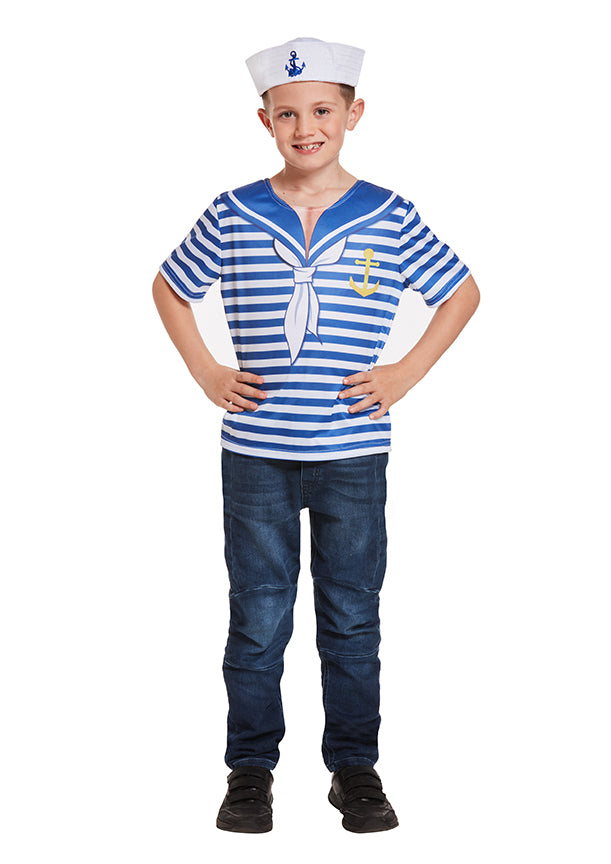 Boys Sailor T-Shirt Nautical Navy Seaman Fancy Dress Costume Accessory