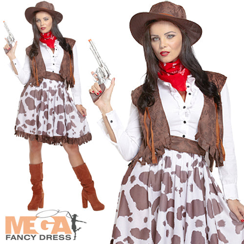 Ladies Cowgirl Fancy Dress Western Costume + Cowboy Hat