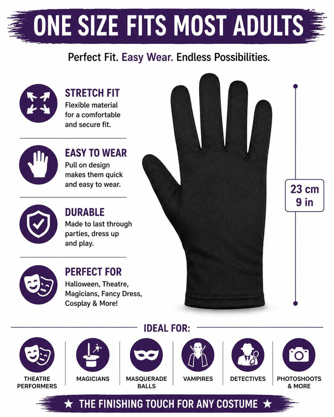 Adults Black Gloves Unisex Costume Accessories,